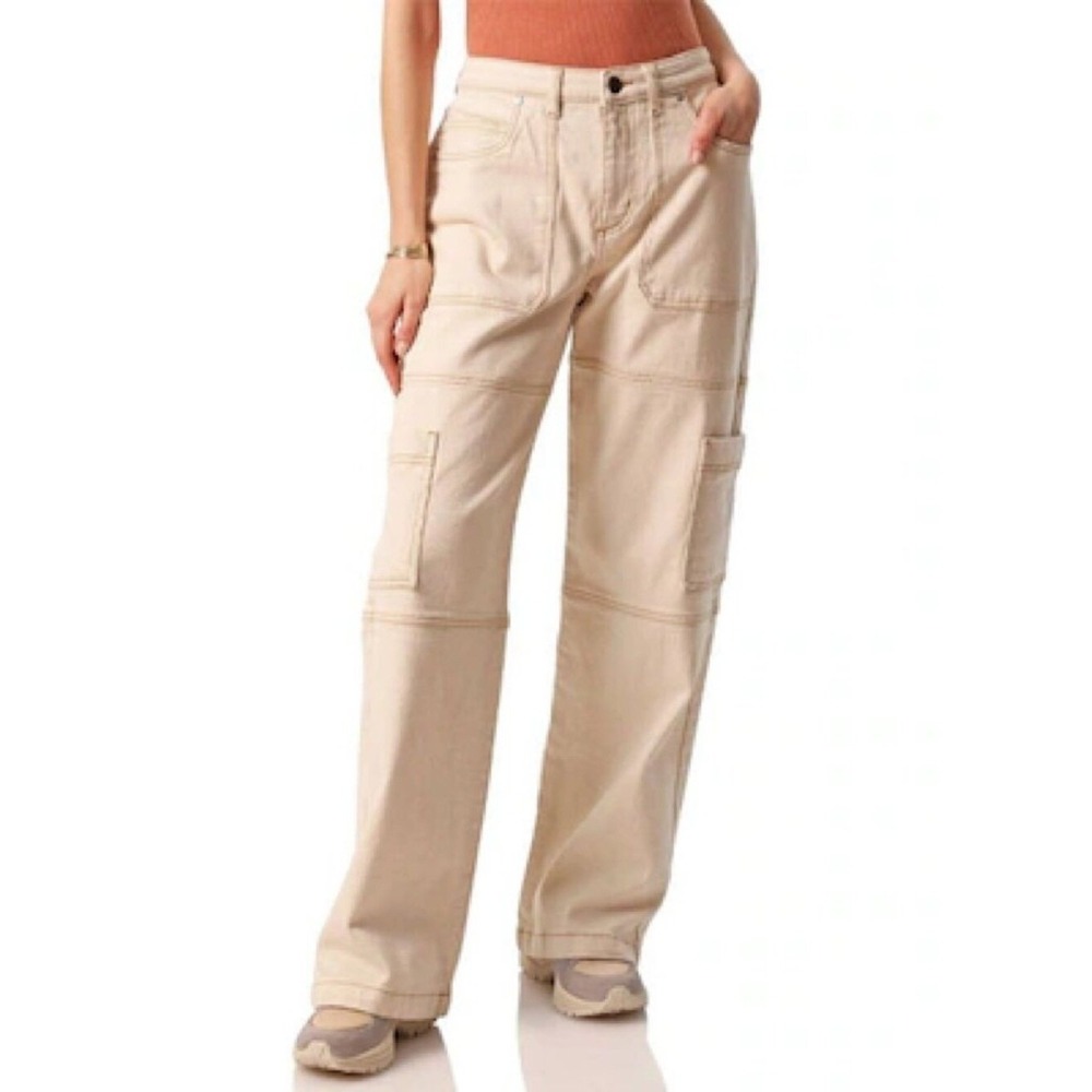 Tilly's Sz M Cream High Rise Wide Leg Cargo Pants Elastic Waist Pockets
